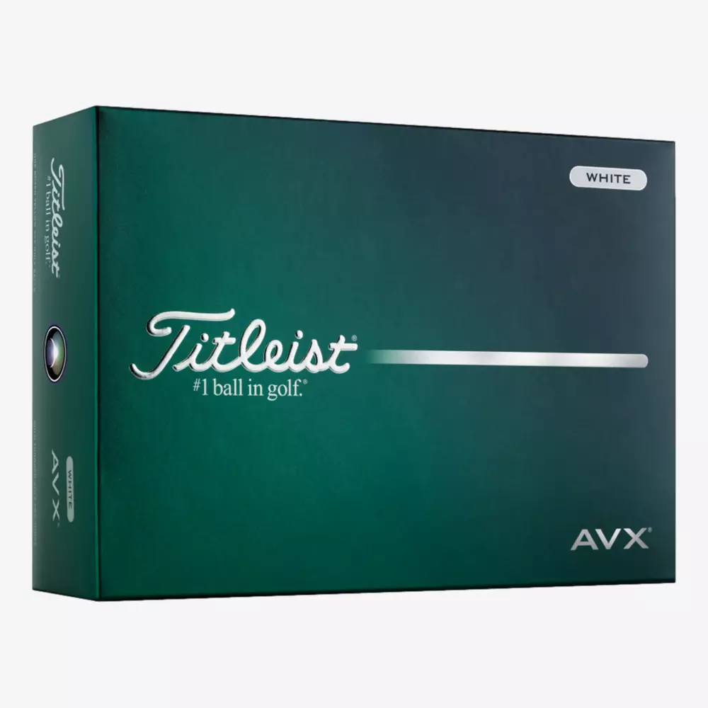 A green box of Titleist AVX golf balls, featuring the Titleist logo, &ldquo;#1 ball in golf,&rdquo; and &ldquo;WHITE&rdquo; in the top right corner. The minimalist design includes a silver line across the front&mdash;perfect for those seeking the best golf balls 2026.