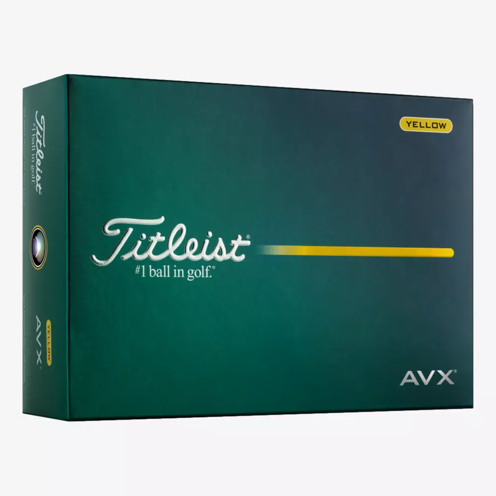 A green and yellow box of Titleist AVX golf balls, labeled &ldquo;#1 ball in golf&rdquo; with a yellow stripe and the word &ldquo;YELLOW&rdquo; in a small box&mdash;an excellent pick among the best golf balls 2026.