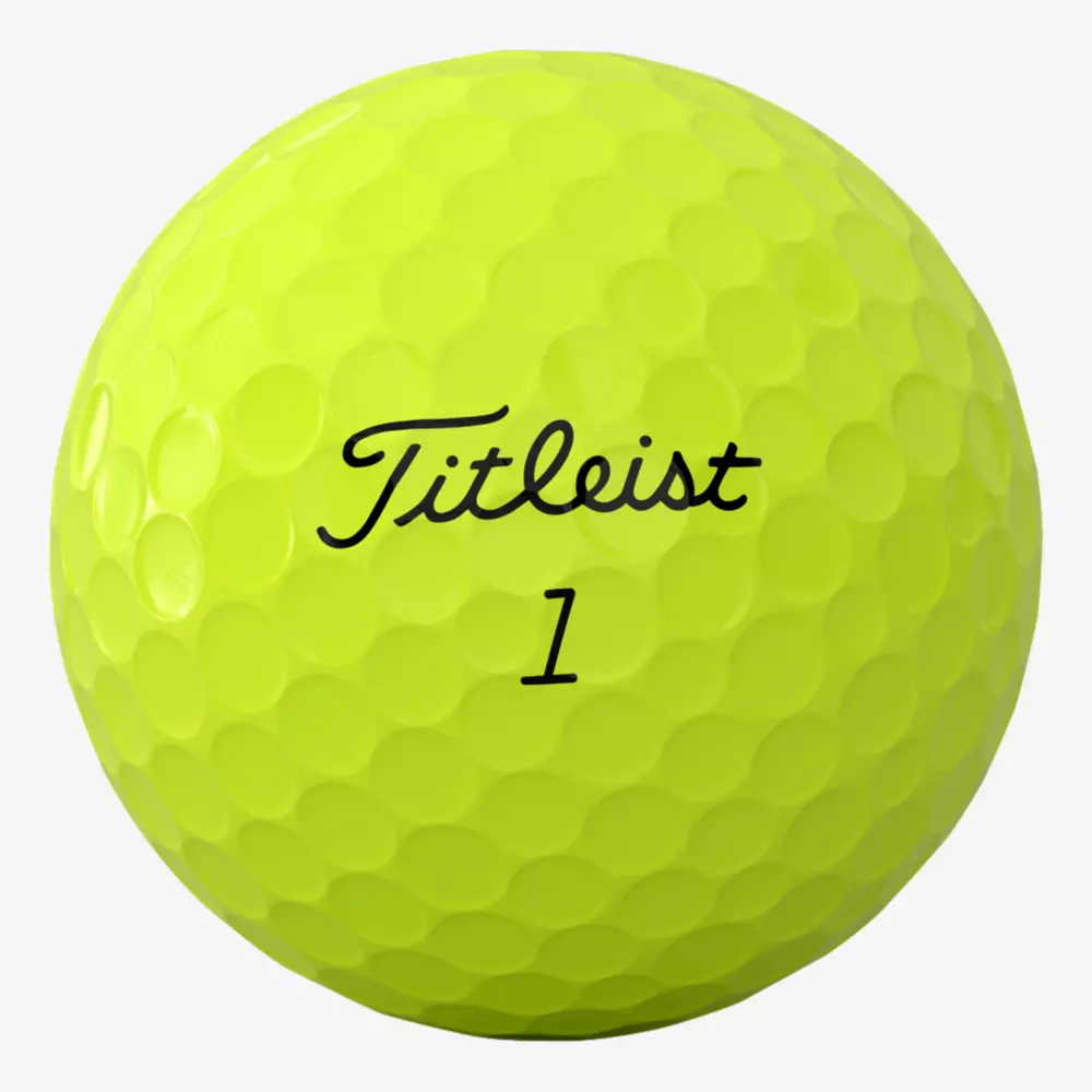 A bright yellow Titleist golf ball with dimples, featuring the Titleist logo and the number 1 printed in black&mdash;an ideal choice for those seeking the best golf balls 2026 has to offer.