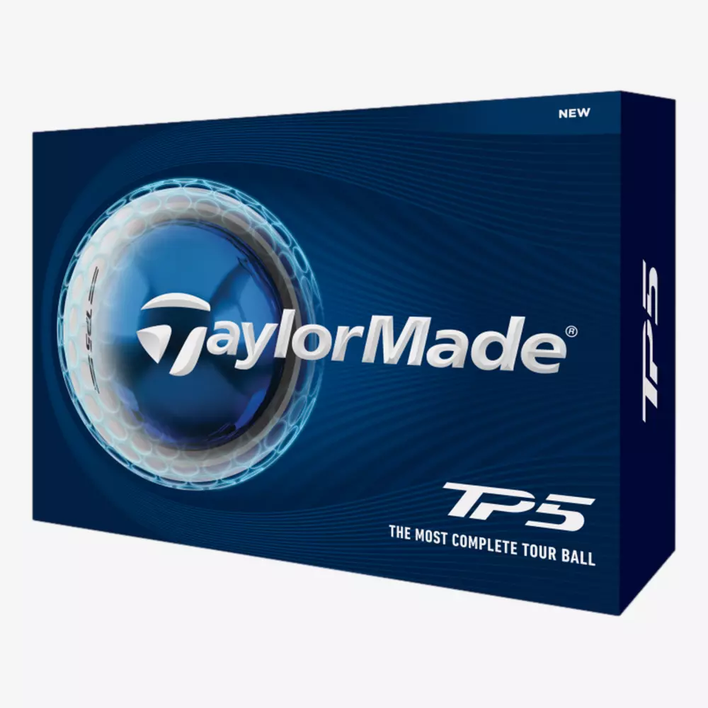 A blue box of TaylorMade TP5 golf balls featuring a large golf ball graphic and the TaylorMade logo, perfect for players aiming to match their game with the best golf shoes 2026. The slogan The Most Complete Tour Ball is printed on the front.