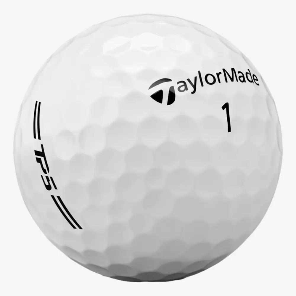 A white golf ball with a dimpled surface featuring the TaylorMade logo, the number 1, and TP5 printed in black&mdash;perfect for pairing with the best golf shoes 2026 for your next round.
