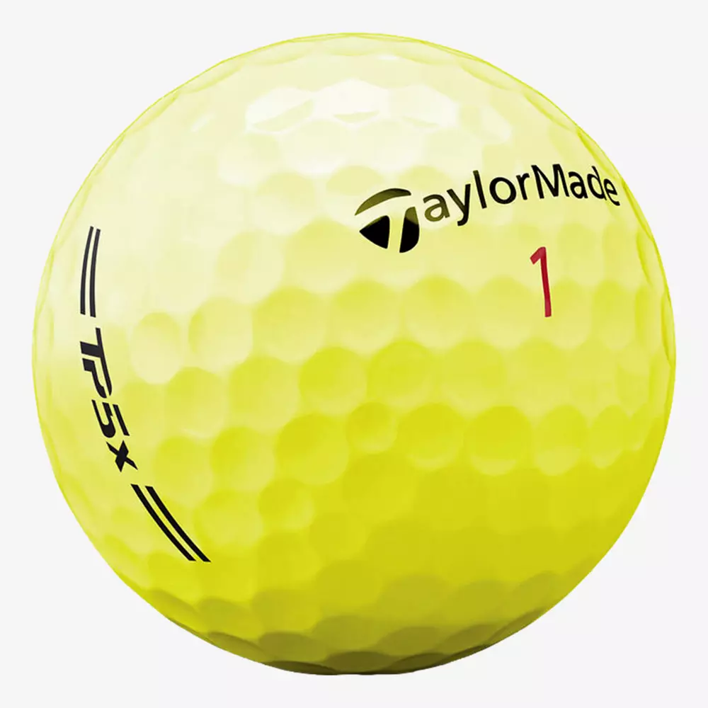 A yellow dimpled golf ball with the TaylorMade logo, the number 1 in red, TP5x printed in black&mdash;ideal for players also searching for the best golf shoes 2026 to enhance their game.