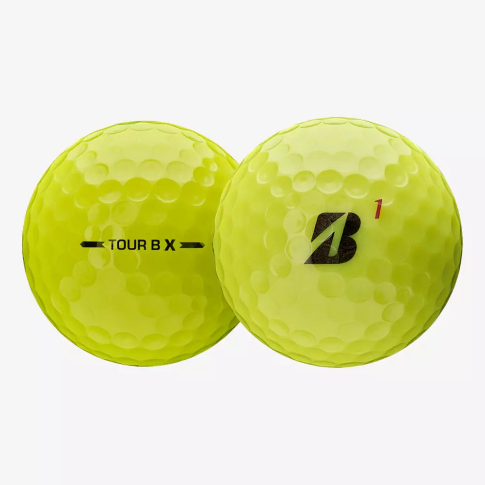 Two yellow Bridgestone golf balls with dimples; one shows the TOUR B X labeling, while the other displays the Bridgestone B logo and number 1&mdash;perfect for pairing with the best golf shoes 2026 on your next round.