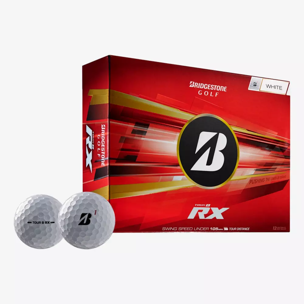 A red box of Bridgestone Tour B RX, considered among the best golf balls 2026, with the Bridgestone logo, alongside two white golf balls&mdash;one displaying the logo, the other showing Tour B RX.