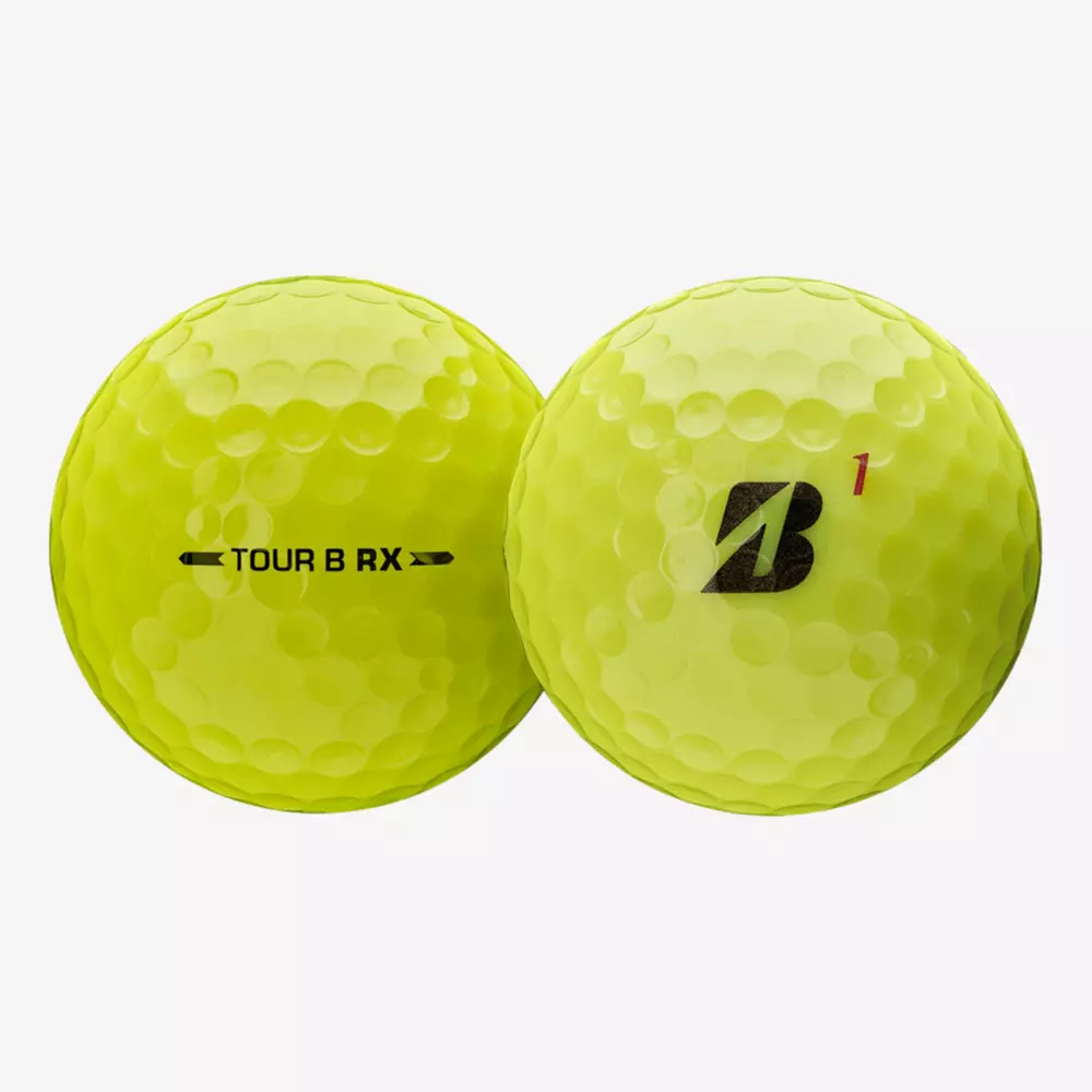 Two yellow Bridgestone golf balls side by side; one shows the TOUR B RX text and arrows, while the other displays the Bridgestone logo and number 1&mdash;perfect contenders for the best golf balls 2026.