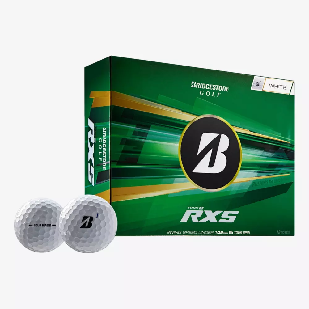 A green box of Bridgestone Golf Tour B RXS, one of the best golf balls 2026, is shown with two white golf balls in front, featuring the Bridgestone logo and product text.