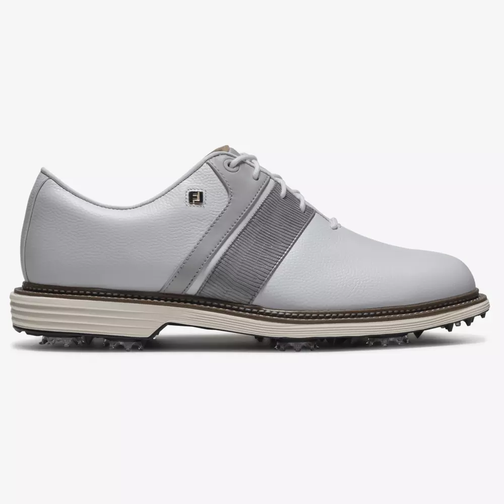 A white leather golf shoe with laces, a gray stripe and accent on the side, a small FJ logo, and a textured sole with soft spikes for traction inspired by the style of the best Jordan golf shoes.