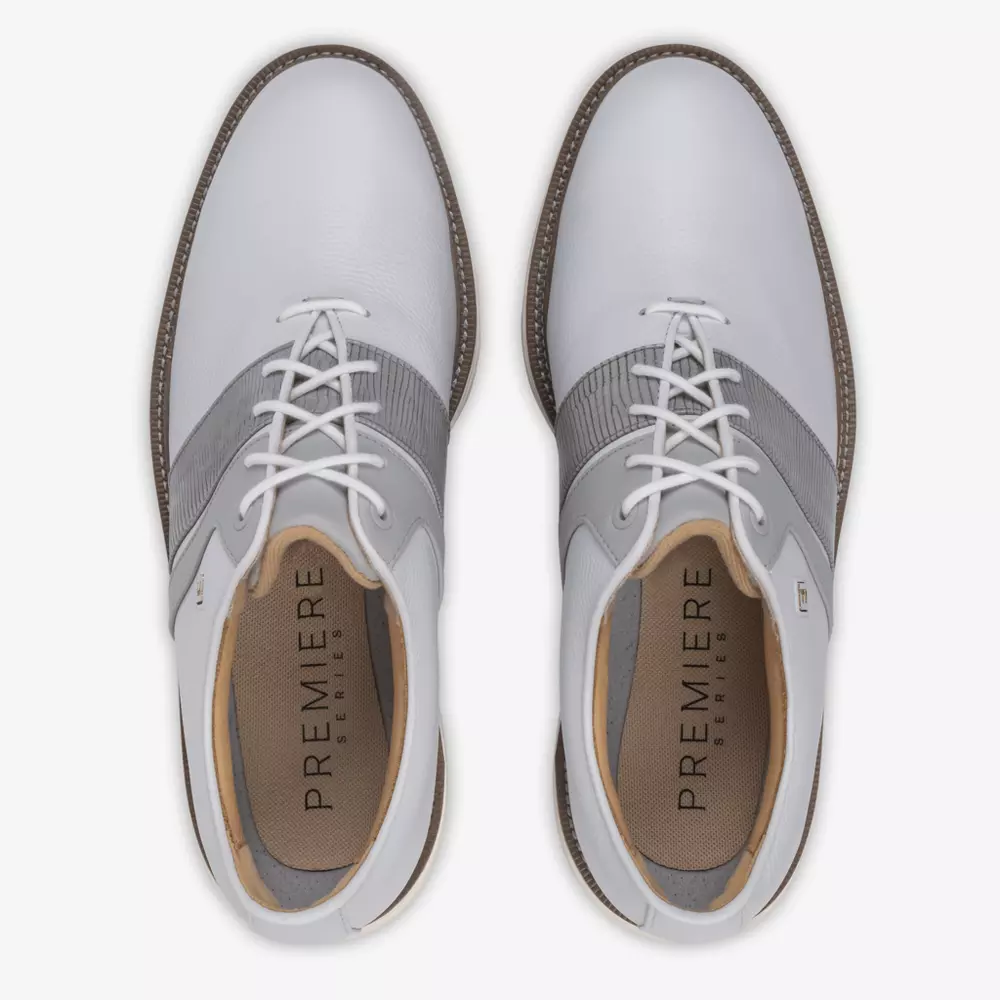 Top view of a pair of white and gray lace-up dress shoes with brown soles, branded PREMIERE on the insoles, displayed side by side on a white background&mdash;an elegant alternative to the best Jordan golf shoes.