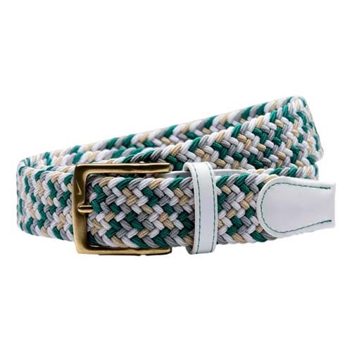 A braided belt with green, beige, and white strands, featuring a gold buckle and white leather accents on the loop and tip—an ideal accessory to complement your best Jordan golf shoes.