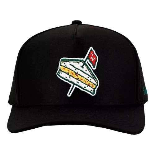 A black baseball cap featuring an embroidered sandwich with a red flag on top, centered on the front panel—perfect to pair with your best Jordan golf shoes for a standout look.