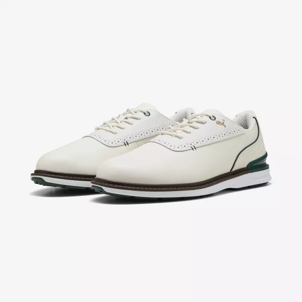 A pair of white leather sneakers with green and brown accents, perforated detailing near the laces, and white soles with green outsoles, reminiscent of the best Jordan golf shoes, displayed on a plain white background.
