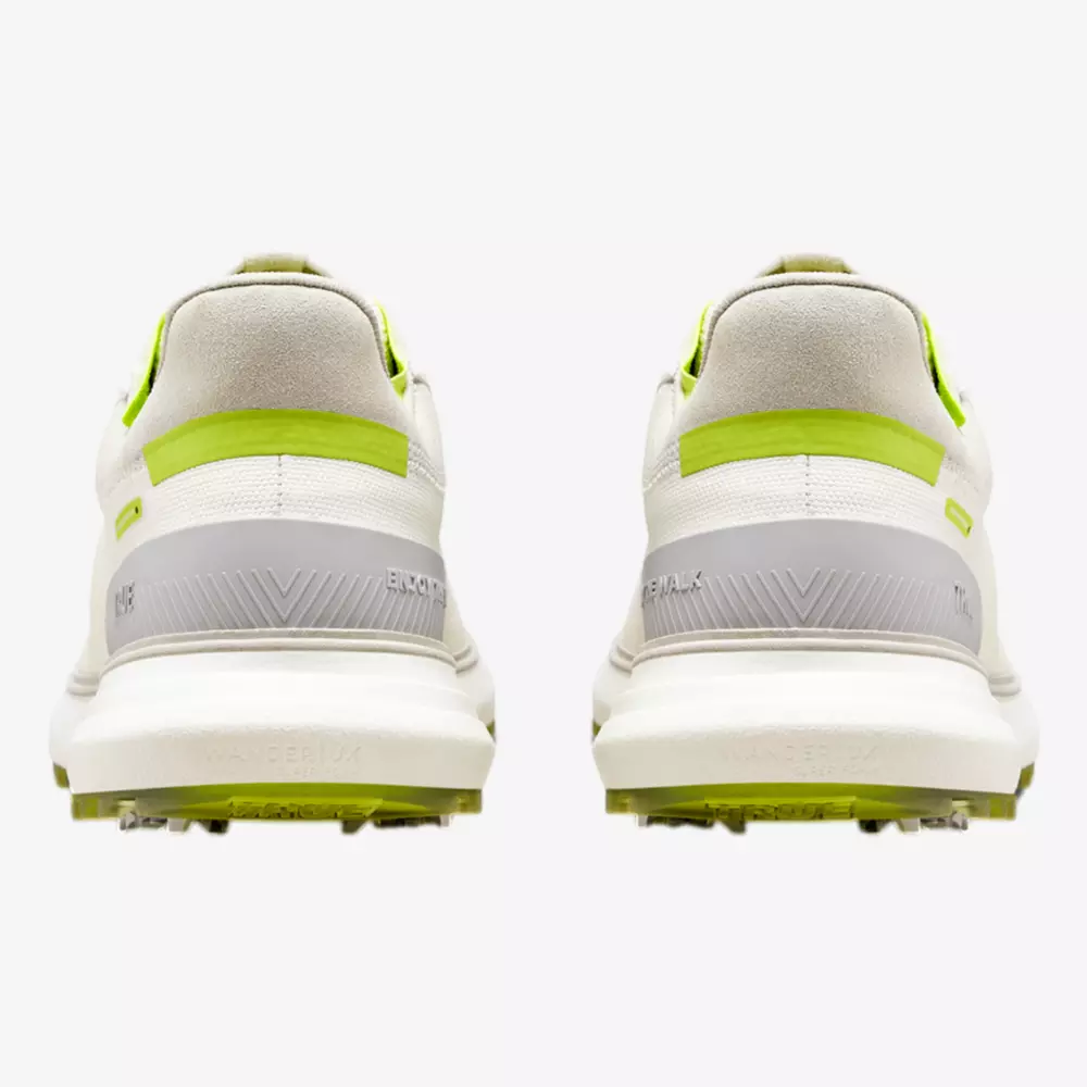 Rear view of a pair of white athletic shoes with light gray and neon green accents, featuring textured soles and a clean, modern design inspired by the best Jordan golf shoes, shown against a plain white background.