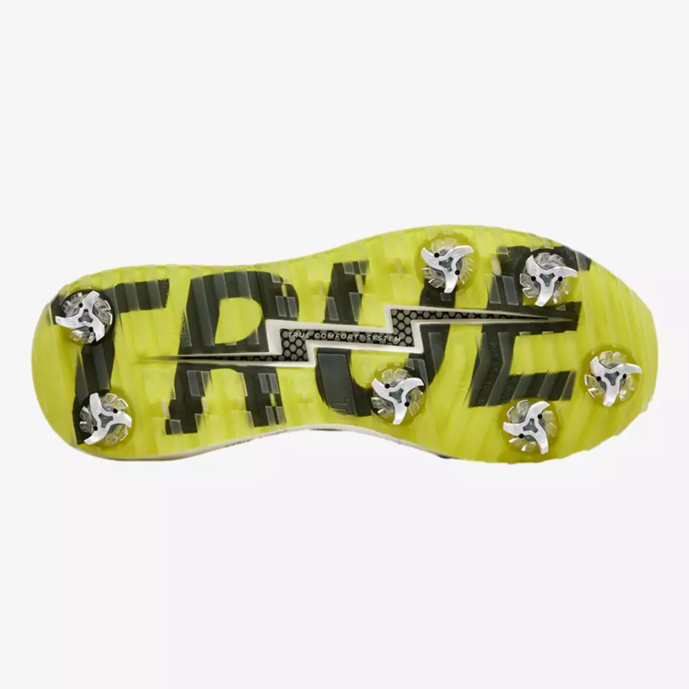 The image shows the yellow sole of a sports cleat, similar to some of the best Jordan golf shoes, with six metal spikes and the word &ldquo;CRUZ&rdquo; in bold black letters across the bottom.