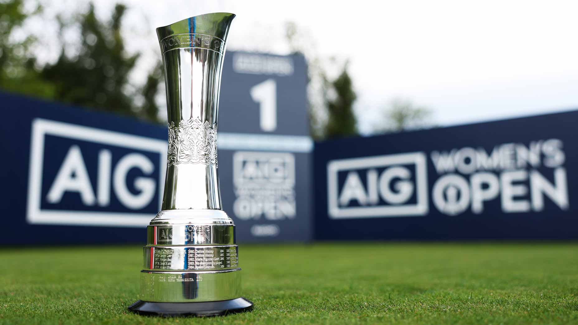 AIG Women's Open trophy sits on green grass with a blurred backdrop. The tournament purse increased for 2026.