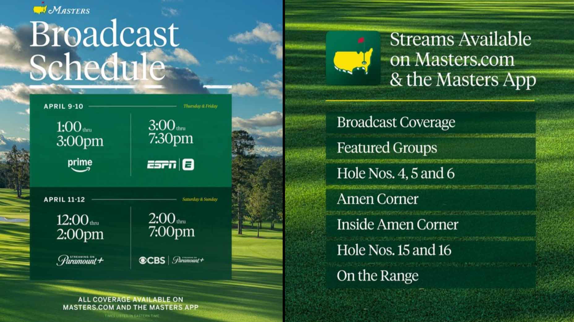 Grpahic showing 2026 Masters schedule for TV and online streaming