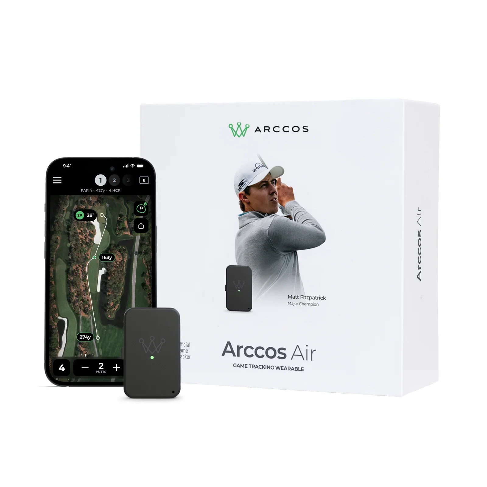 The Arccos Air game tracking wearable product box shows a golfer swinging a club. In front of the box is a black wearable device and smartphone that displays a map of the golf course on its screen.