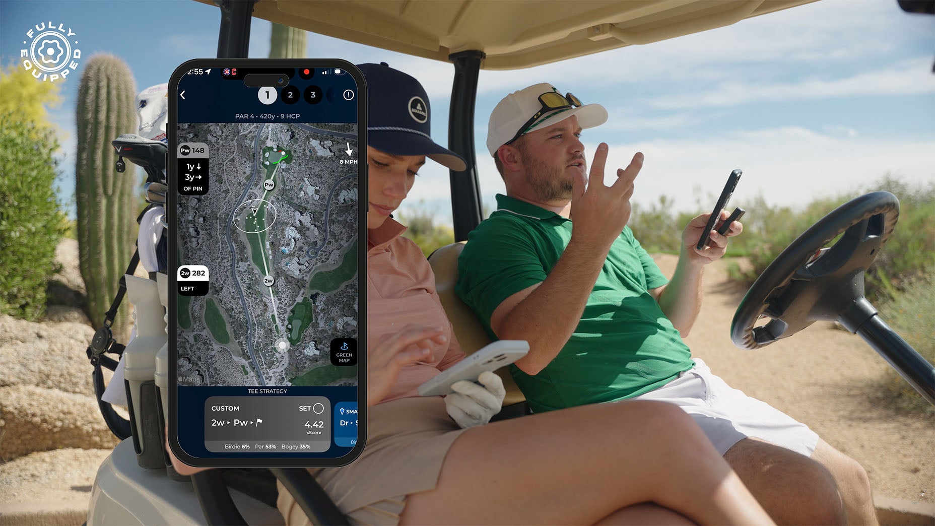 A man and woman sit in a golf cart in the desert, both holding smartphones. A golf GPS app is displayed in the foreground, showing a satellite view of a golf course with distances and data highlighted.