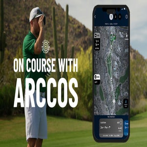 A golfer in a green shirt and sunglasses stands on a course with cacti in the background, next to an enlarged smartphone screen displaying the Arccos golf app, featuring a course map. Text: ON COURSE WITH ARCCOS.&rdquo;.