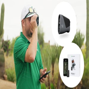 A man in a green shirt uses a rangefinder outdoors near cacti. Two inset images show a close-up of the rangefinder and a boxed electronic device with its components displayed.
