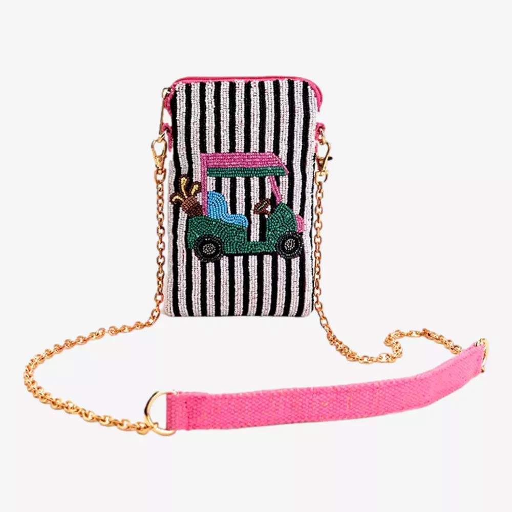 A small, beaded crossbody bag with a gold chain strap, a pink fabric shoulder pad, black and white stripes, and an embroidered golf cart with two dogs—perfect for Mother's Day gifts and stylish gifts under $50.