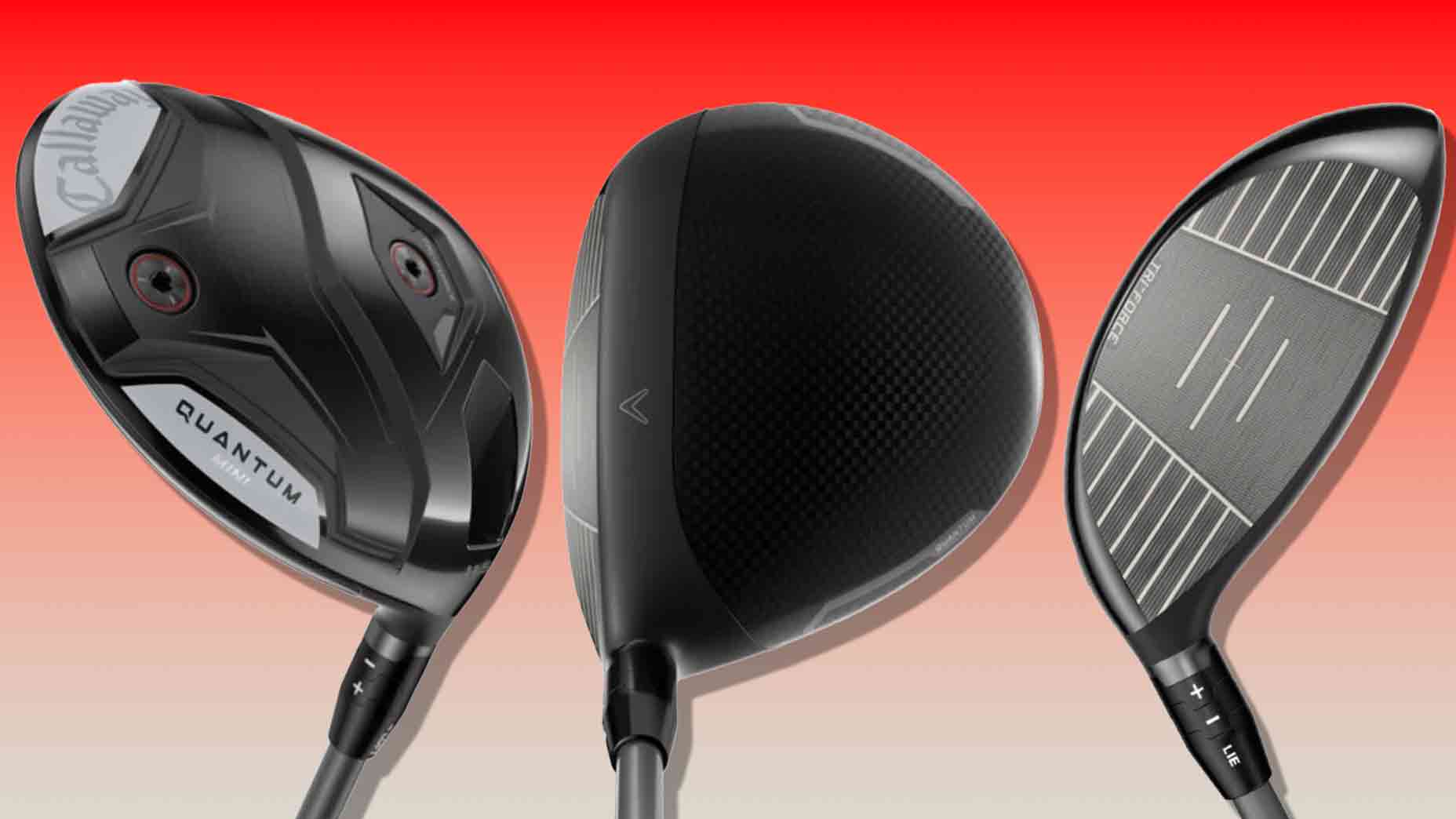 Three different golf club heads, including a mini driver, are shown side by side against a red-to-white gradient background, displaying unique designs, brand marks, and clubface details.