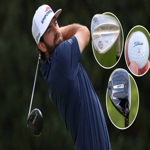 A male golfer swings a club. Insets show close-ups of a wedge, a golf ball with Titleist 1, and a metal driver club from his golf bag. The golfer, resembling Cameron Young, wears a white cap and navy shirt, with trees blurred in the background.