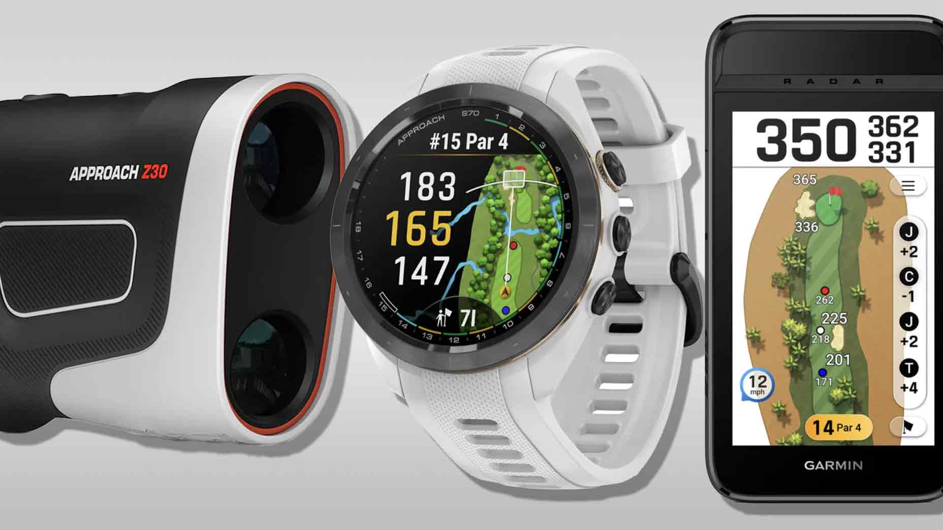 Three golf tech devices: a black and white Garmin laser rangefinder, a white GPS golf watch displaying a course map and stats, and a smartphone showing a detailed digital golf course layout and scores.