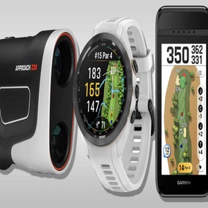 Three golf tech devices: a black and white Garmin laser rangefinder, a white GPS golf watch displaying a course map and stats, and a smartphone showing a detailed digital golf course layout and scores.