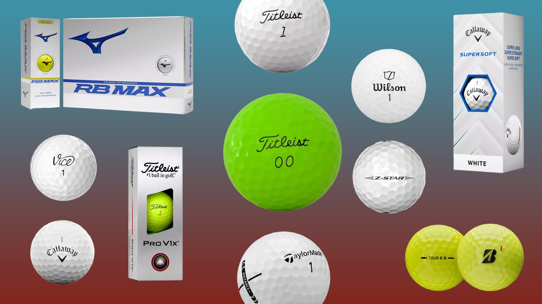 A variety of golf balls from top brands, including Titleist, Mizuno, Callaway, Wilson, and TaylorMade, are displayed alongside their packaging against a red and blue gradient background—perfect for pairing with the best golf shoes 2026.