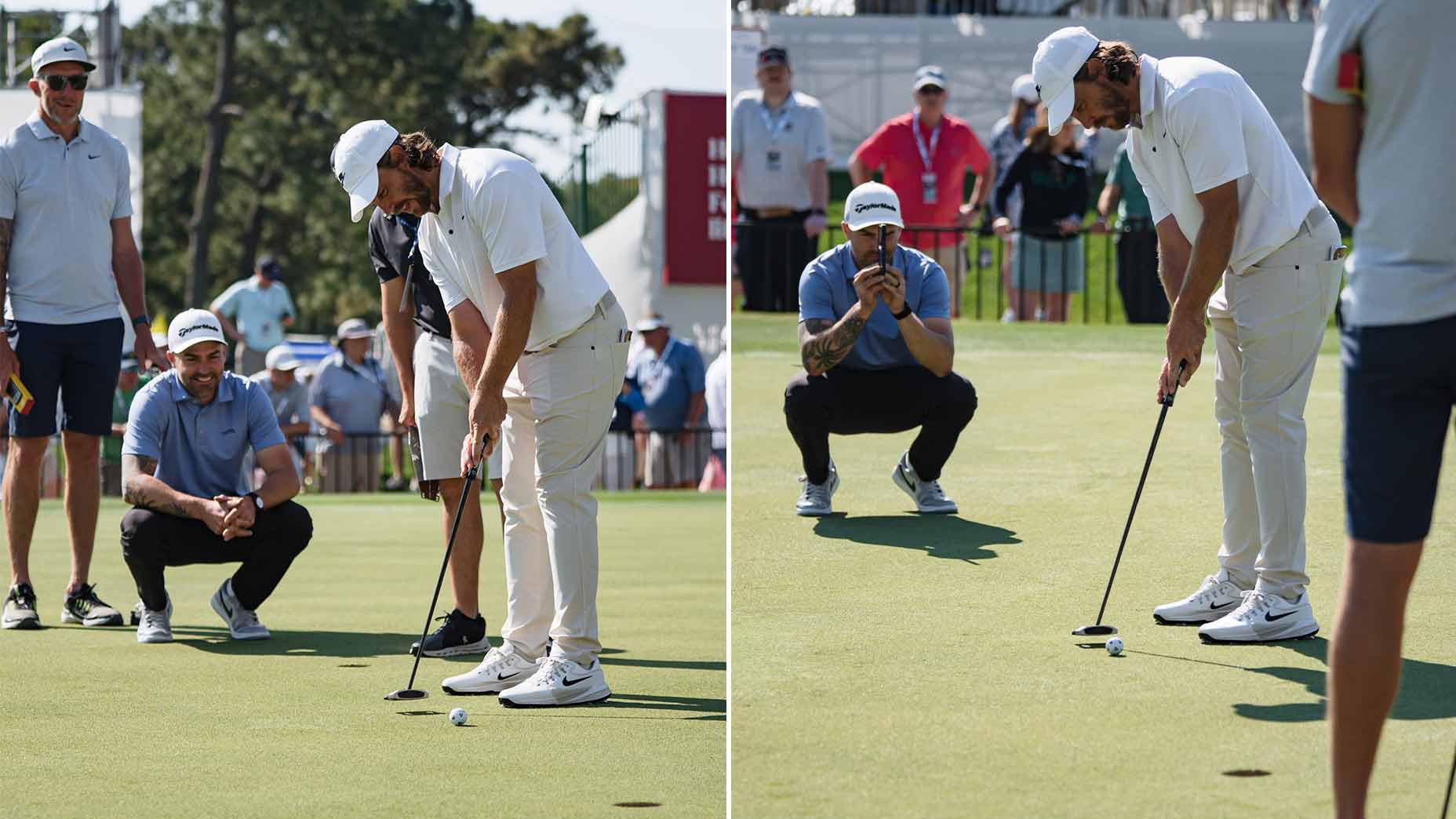 A split image of Tommy Fleetwood testing putters with James Holley.