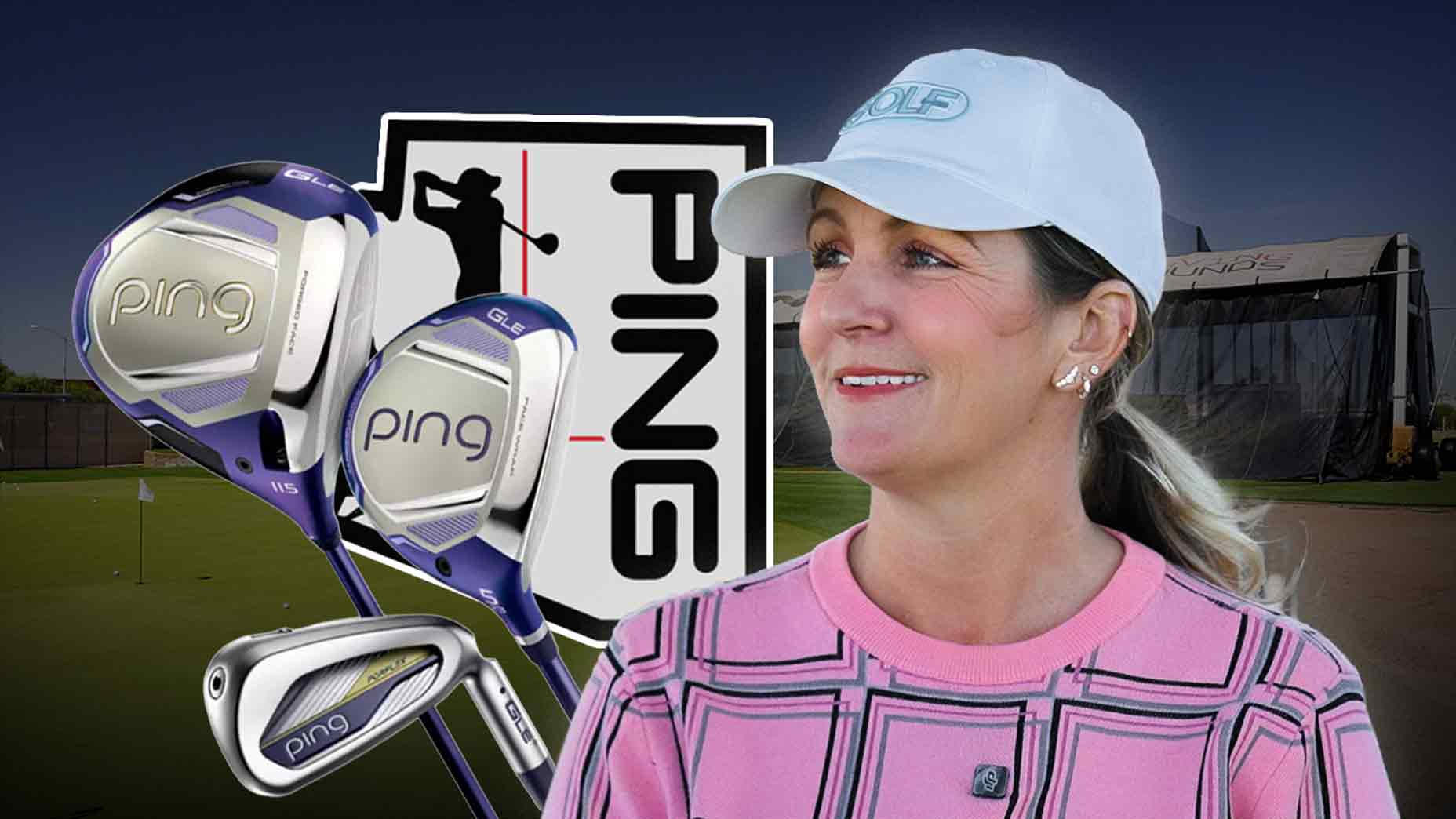 A woman in a light blue cap and pink sweater smiles with a golf course background. Next to her are Ping golf clubs and a large Ping logo, highlighting her "I Tried It" experience with the brand new club in this bright, upbeat golf promotion.