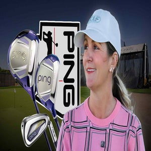 A woman in a light blue cap and pink sweater smiles with a golf course background. Next to her are Ping golf clubs and a large Ping logo, highlighting her "I Tried It" experience with the brand new club in this bright, upbeat golf promotion.