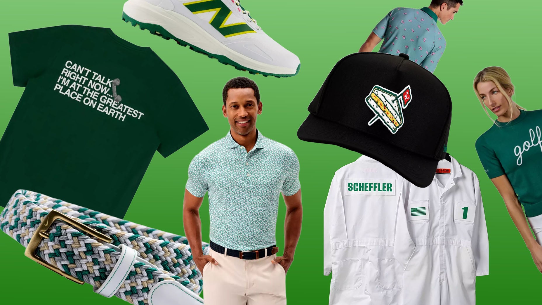 A collage of golf-themed clothing and accessories on a green background, featuring the best looks from The First Major—shirts, a cap, a belt, a golf shoe, and a Masters caddie jumpsuit with Scheffler and the number 1.