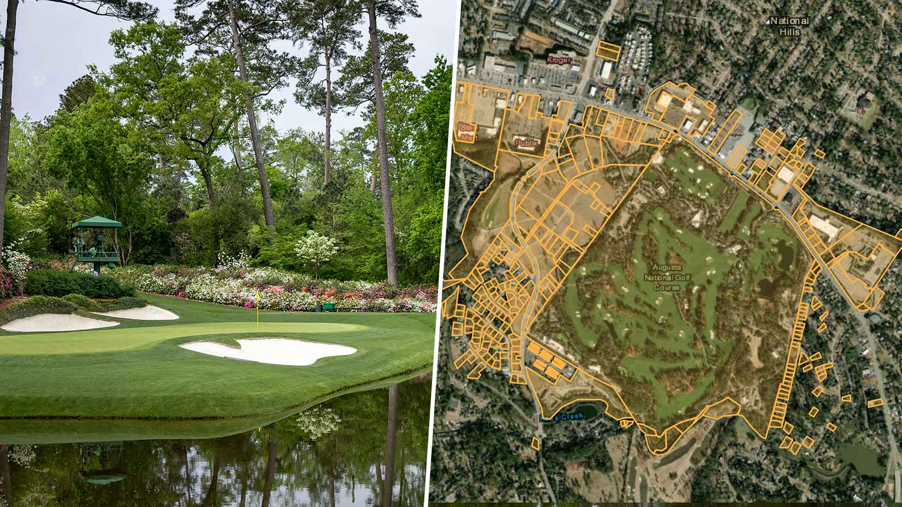 Split image: left side shows the scenic Augusta National golf course with sand traps and trees; right side displays an aerial map of the same $500-million real estate, outlined with roads and buildings surrounding the area.