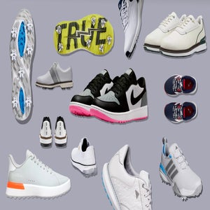 A variety of the best golf shoes 2026 in different styles and colors, including sneakers, spikeless and spiked soles, displayed on a light gray background.