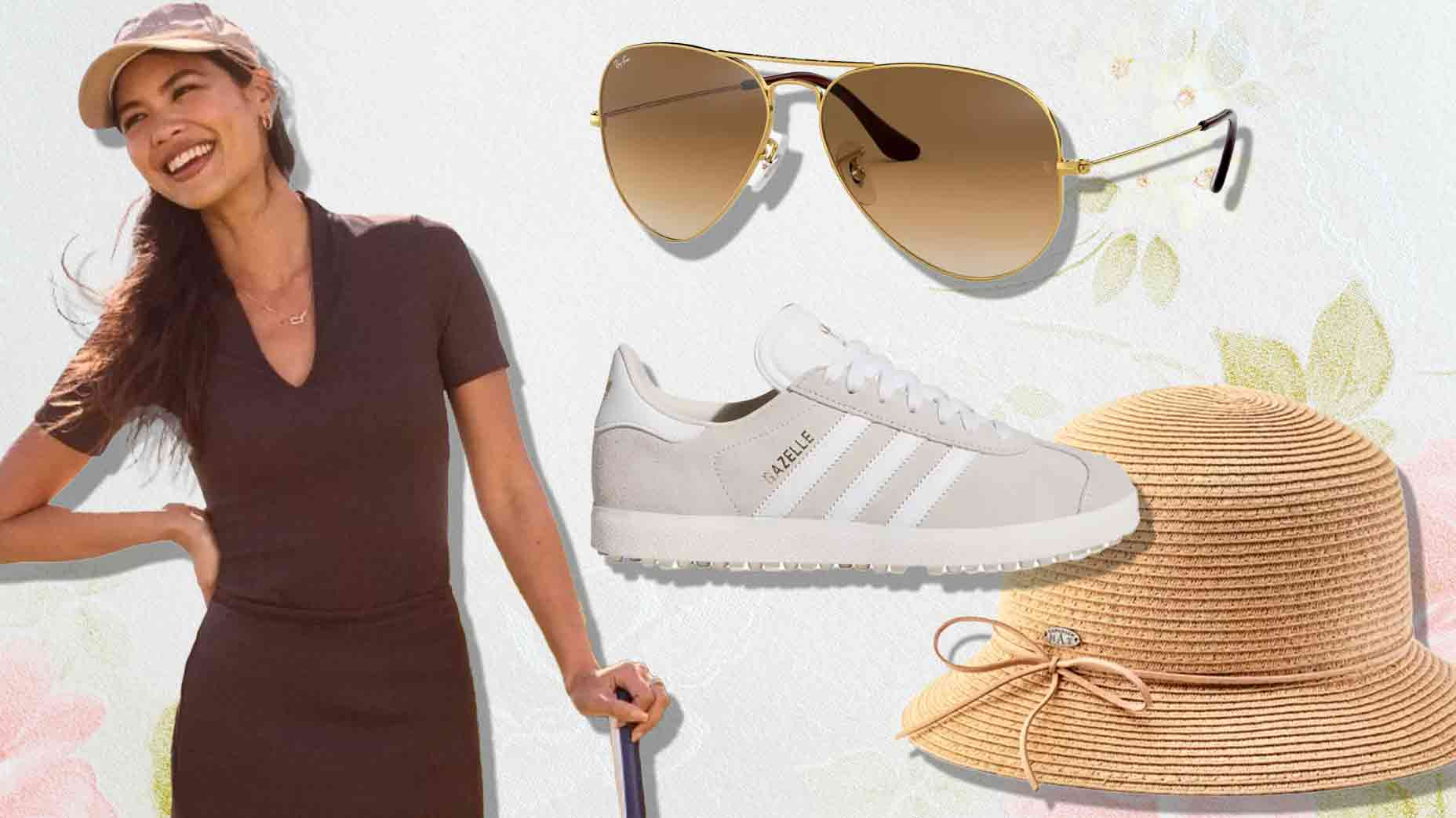 A smiling woman in a brown dress and baseball cap stands next to fashion items—perfect for Mother's Day—like aviator sunglasses, white Adidas sneakers, and a wide-brim straw hat with a bow, all set against a floral background.