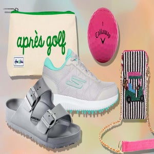 A collage of golf-themed items&mdash;perfect Mother's Day gifts under $50: a cream pouch with apr&egrave;s golf in green, a pink Callaway golf ball, a white and mint athletic shoe, gray Birkenstock sandals, and a small purse with a golf cart design.