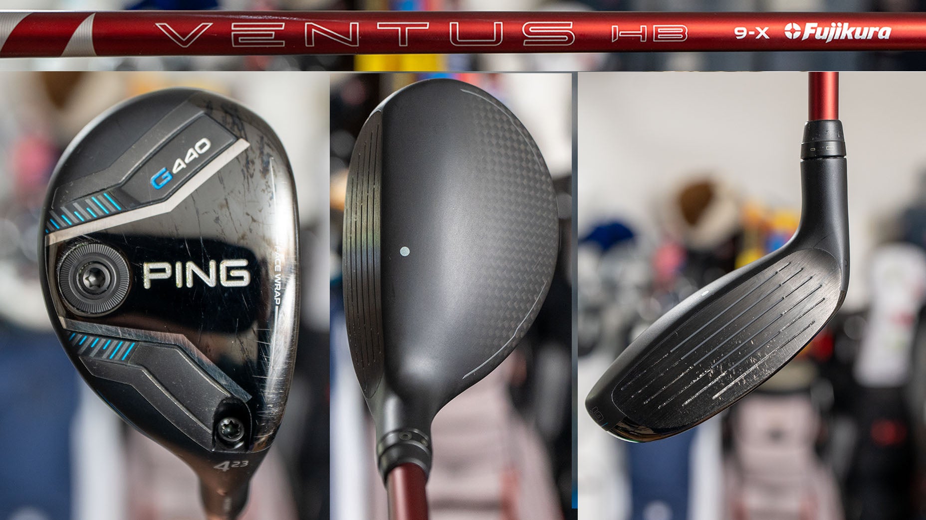 Close-up images of a Ping G400 golf club head from different angles, and a red Fujikura Ventus HB 9-X golf shaft with white branding visible.