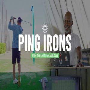 A golfer swings a club on a driving range while another man, smiling, stands by a laptop indoors. Text reads: &ldquo;PING IRONS with Master Fitter James Lee.&rdquo; A curved blue line shows the golf ball&rsquo;s trajectory.