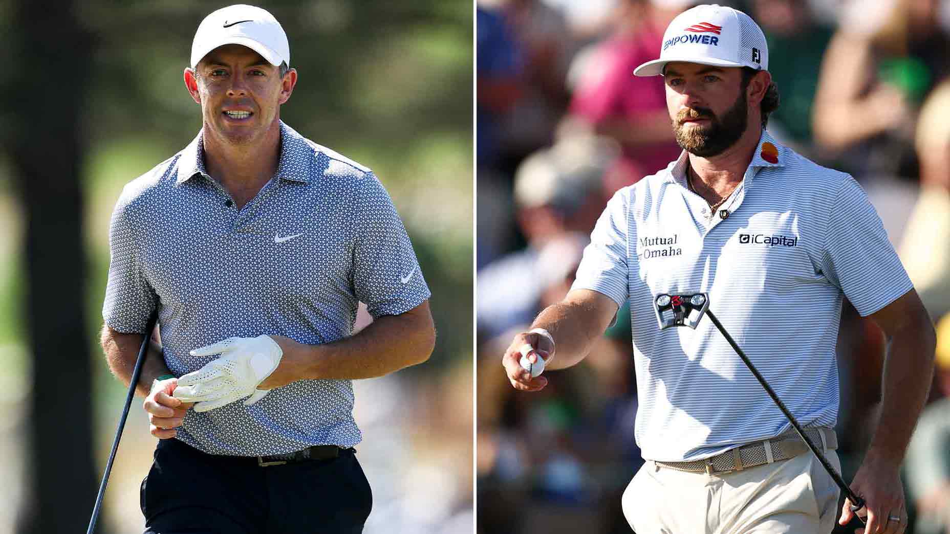Two male golfers on a course, each wearing collared shirts and hats—one on the left smiling with a golf glove, the other holding a putter, both focused during a tournament, leaving viewers to wonder who will win the Masters.