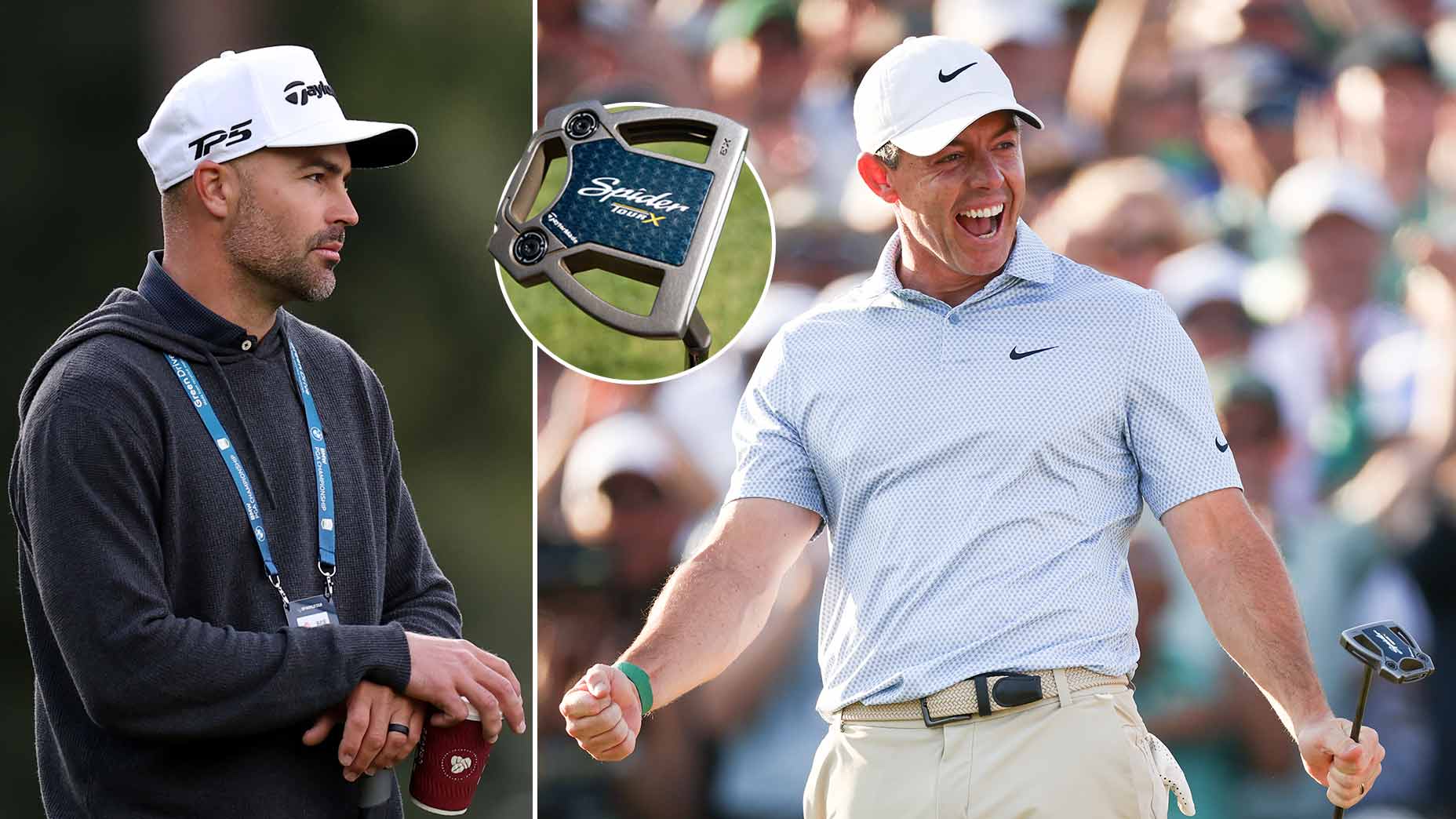 Split image: Left shows a man in a TaylorMade cap and jacket holding a coffee cup. Right shows a golfer in a Nike cap celebrating with a putter. Inset: close-up of a Spider putter head, highlighting the innovation in golf putters.