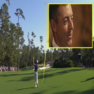 Rory McIlroy celebrates a shot as spectators watch. An inset shows a smiling man&rsquo;s face, linked by a yellow arrow to suggest he is Rory McIlroy, the main image&rsquo;s golfer, highlighting the best new tradition in golf.