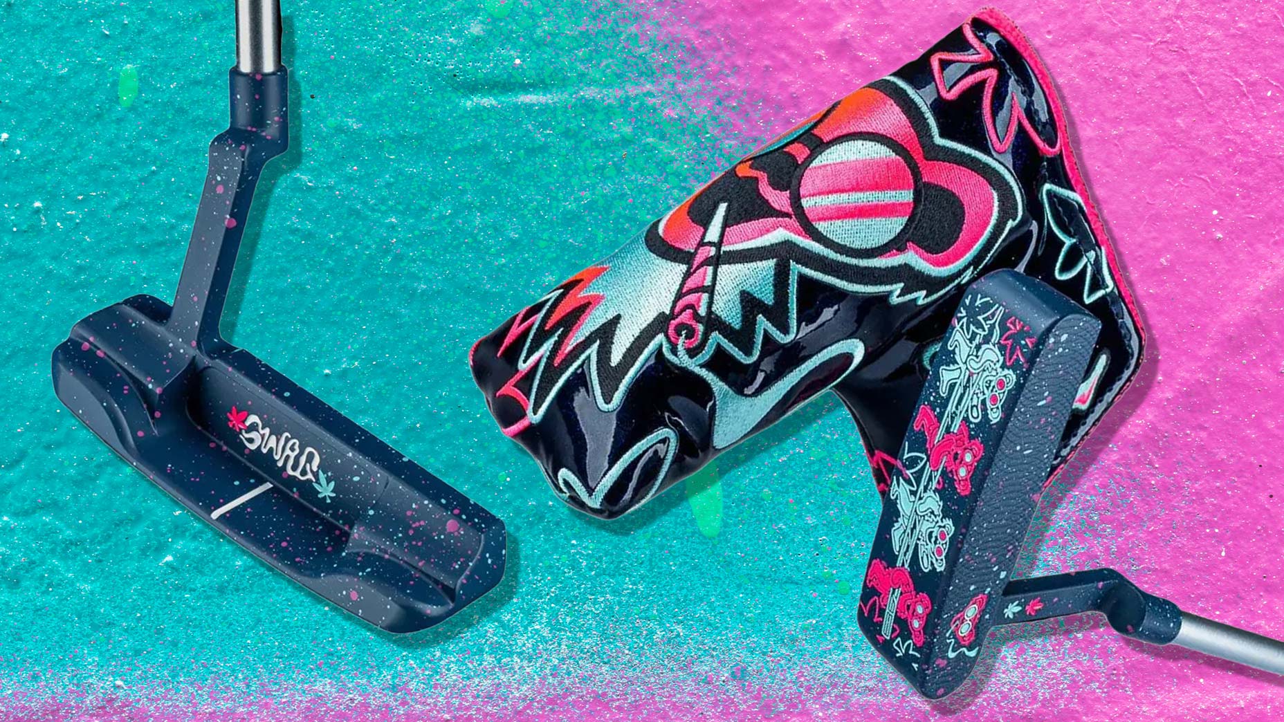 A swag putter and two putter headcovers flaunting colorful, graffiti-style designs in neon pink, turquoise, and white, set against a split background of textured teal and pink.
