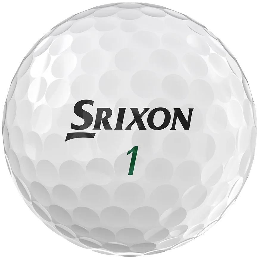 A close-up of a white Srixon golf ball with dimples, featuring the brand name Srixon in black and the number 1 in green&mdash;perfect for pairing with the best golf shoes 2026 has to offer.
