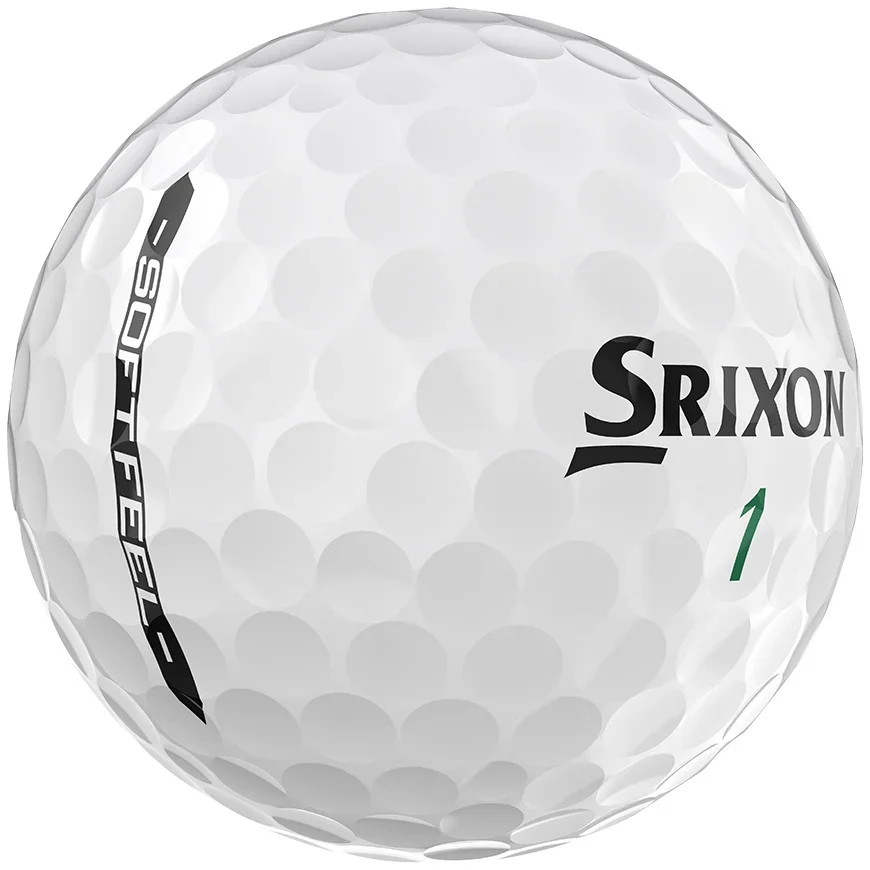 A close-up of a white Srixon golf ball showing its dimples and black SOFT FEEL logo on the left, beside the brand name SRIXON and a green number 1&mdash;perfect for players searching for the best golf shoes 2026 to complete their gear.
