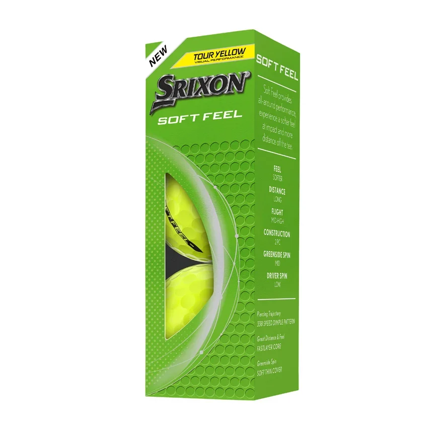 A green and yellow box of Srixon Soft Feel golf balls, labeled Tour Yellow. The packaging features product details and a cut-out window showing two yellow golf balls inside&mdash;perfect for pairing with the best golf shoes 2026 has to offer.