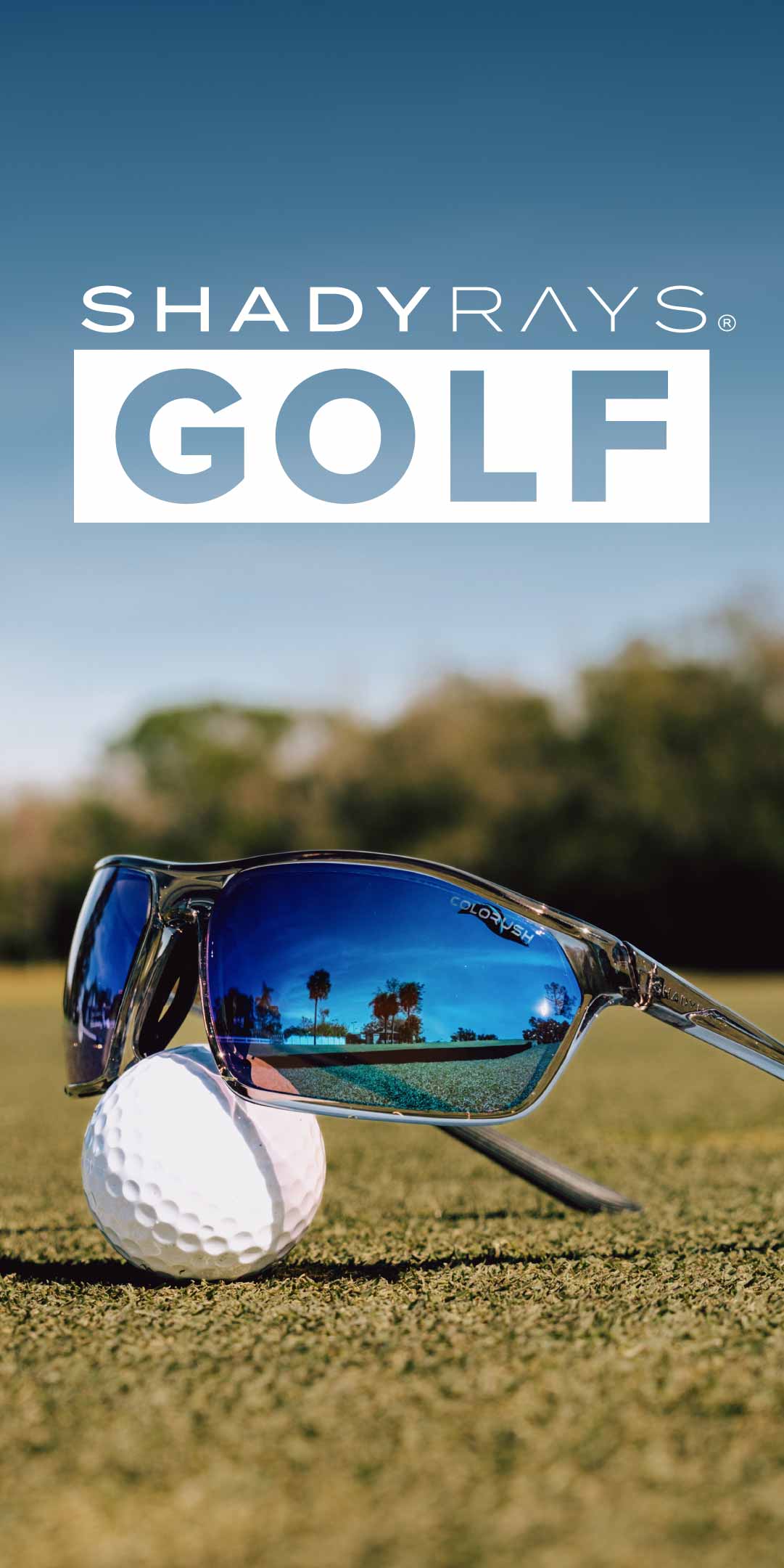 A pair of sunglasses rests on a golf ball on green grass, reflecting palm trees and a clear sky. The text SHADY RAYS GOLF appears at the top—perfect for YouTube golf fans or anyone channeling their inner chef like Chaz Bowker.