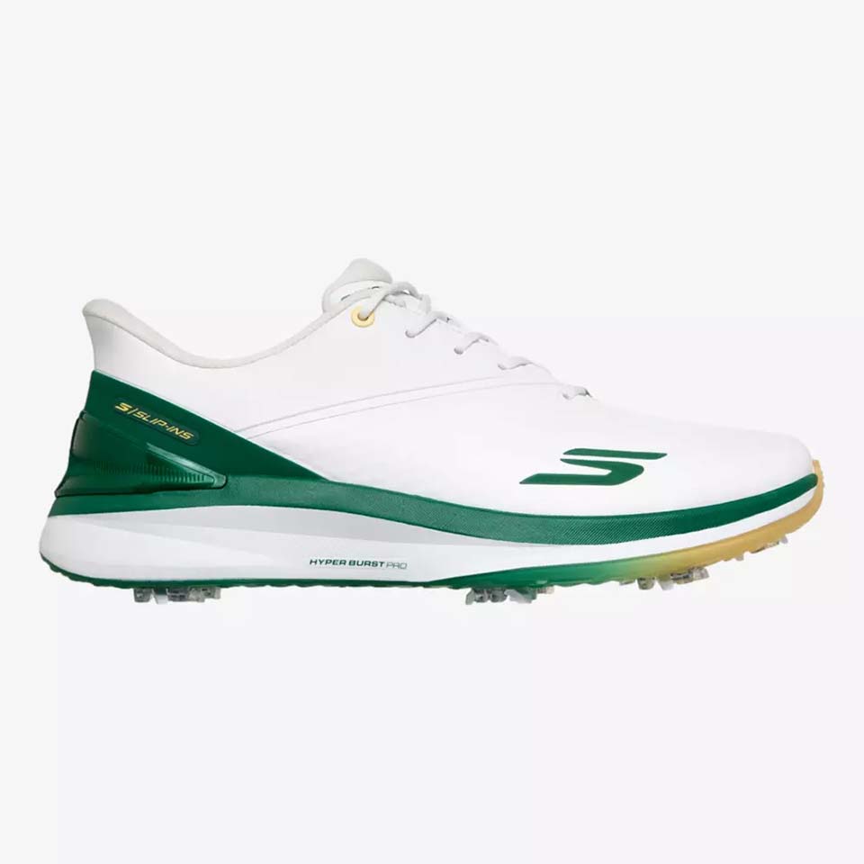 A white Skechers shoe with green accents and a green logo 
