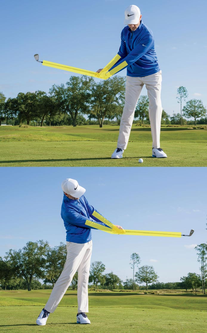 Two images of a golfer in a blue shirt and white pants demonstrating the golf swing, with yellow lines highlighting the arms and club position at different points in the swing.