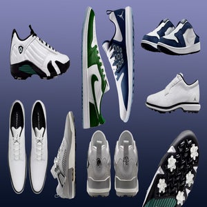 A collection of various golf shoes, including the best Jordan golf shoes in white, green, blue, and gray styles, displayed on a gradient blue background with side, top, and sole views.